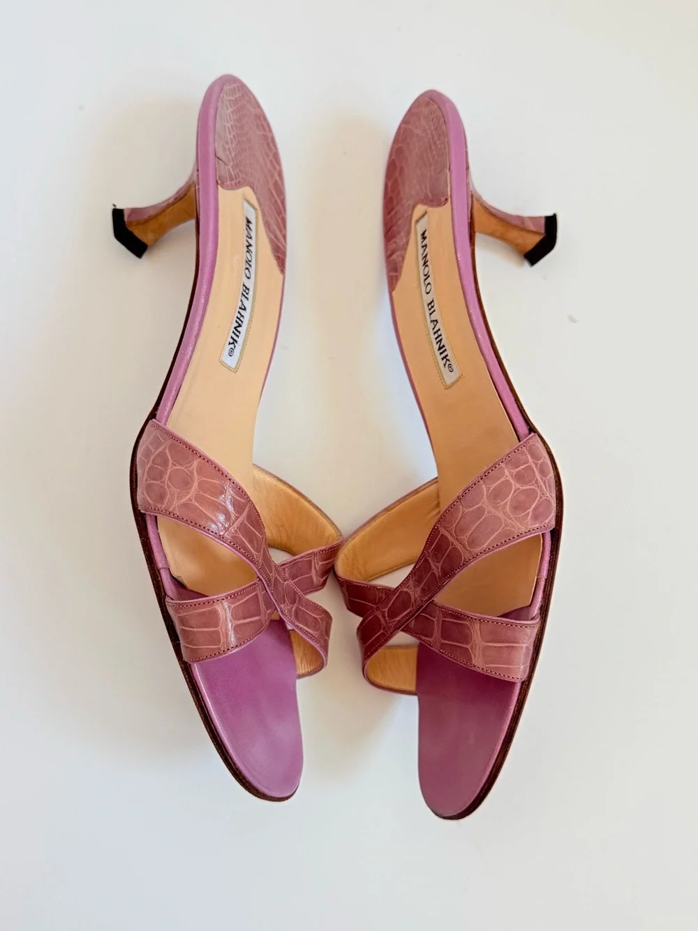 Manolo Blahnik Callamu Lilac Pink Crocodile Leather Crisscross Mules Heel 39.5 - Picture 3 of 8
